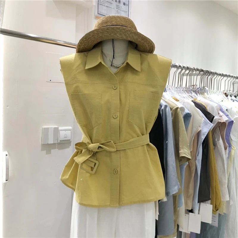 配腰带无袖麻料衬衫女2025秋冬新款韩版通勤气质垫肩上衣送腰带