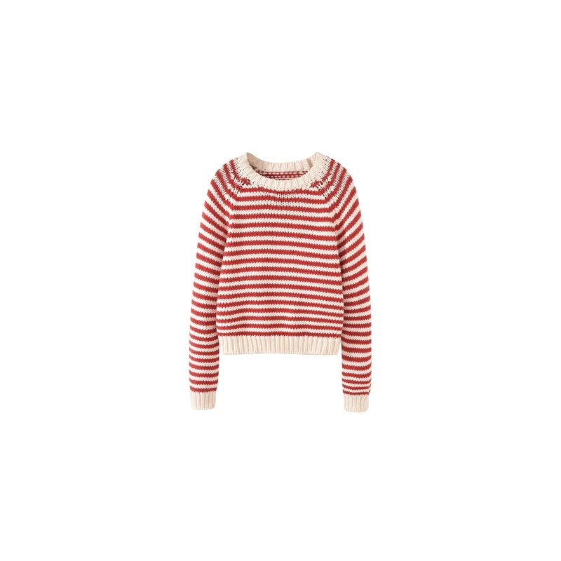 ICC 红色条纹圆领针织衫 长袖 加厚 气质 名媛 宽松 -3531