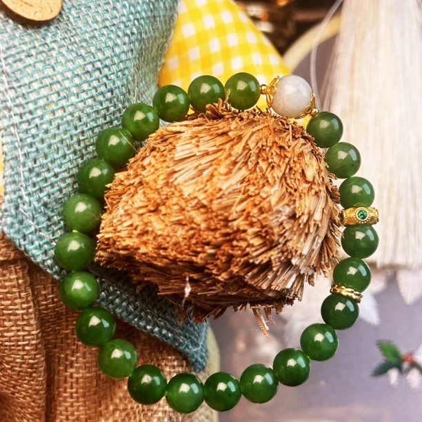 【汉韵轩珠宝】天然和田玉碧玉S925手串SL5008约8mm