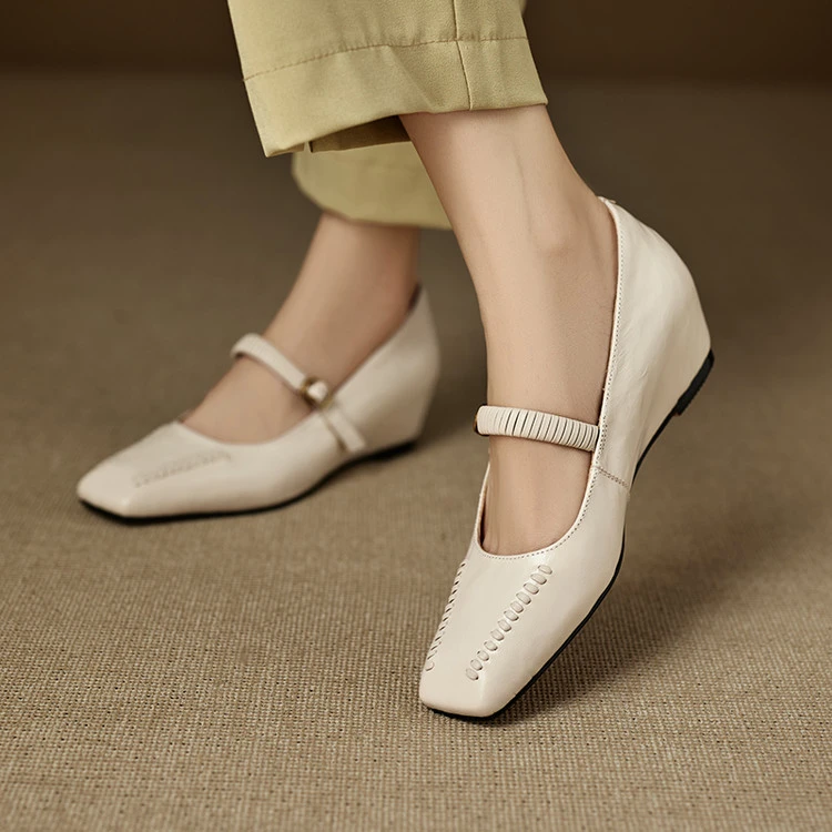 法式复古内增高中跟小皮鞋女真皮方头浅口单鞋通勤一字带玛丽珍鞋
