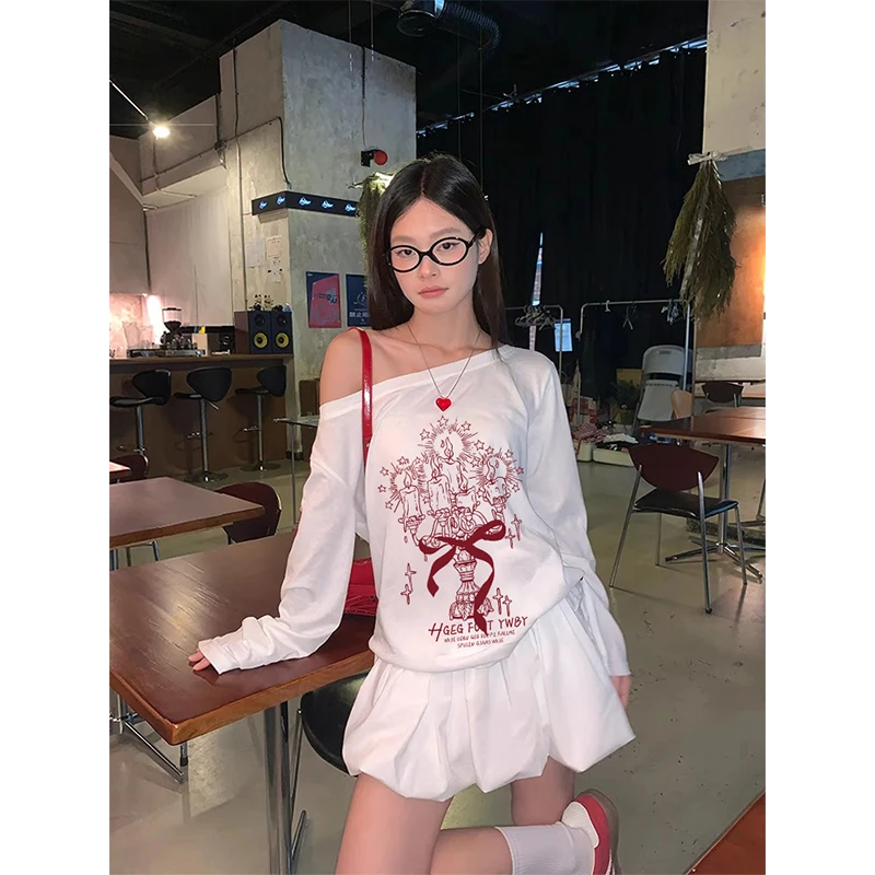 美式少女风涂鸦印花设计感露肩长袖防晒罩衫小众百搭辣妹上衣