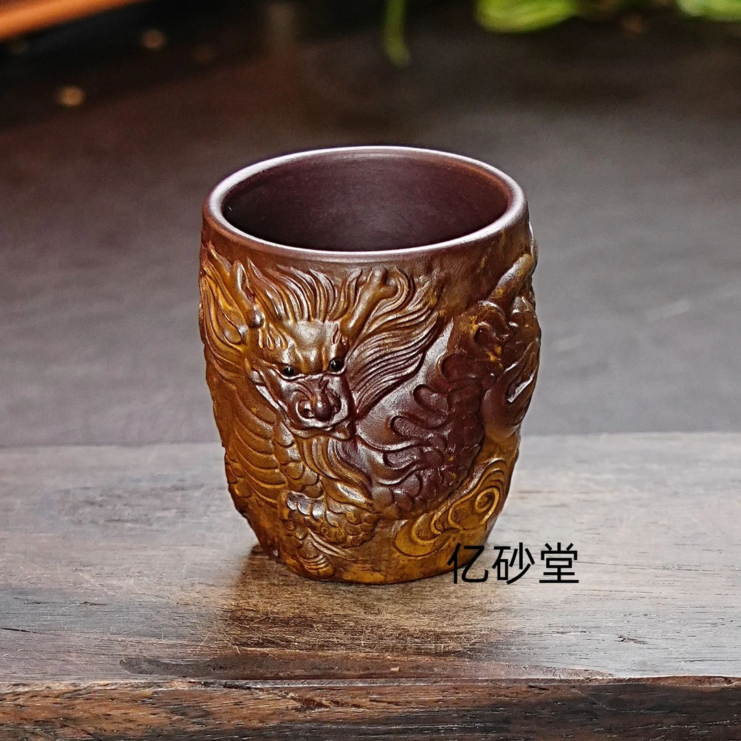 【3021麒麟异形杯】宜兴原矿紫砂手工泥绘麒麟异形杯  主人杯