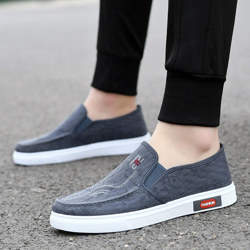 男士透气防滑耐磨软底休闲帆布鞋一脚蹬老北京布鞋轻便百搭低帮