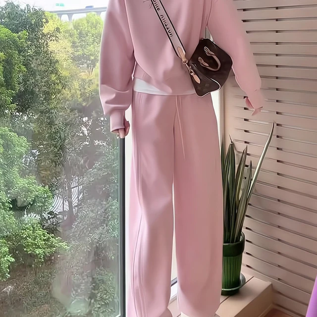 迪卡侬贵宾温柔盐系休闲运动套装女2025秋洋气减龄粉色卫衣高腰阔