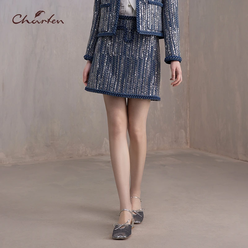 CHARFEN朝峰法式休闲风小香风珠片高腰半裙CFE3B213-2050S