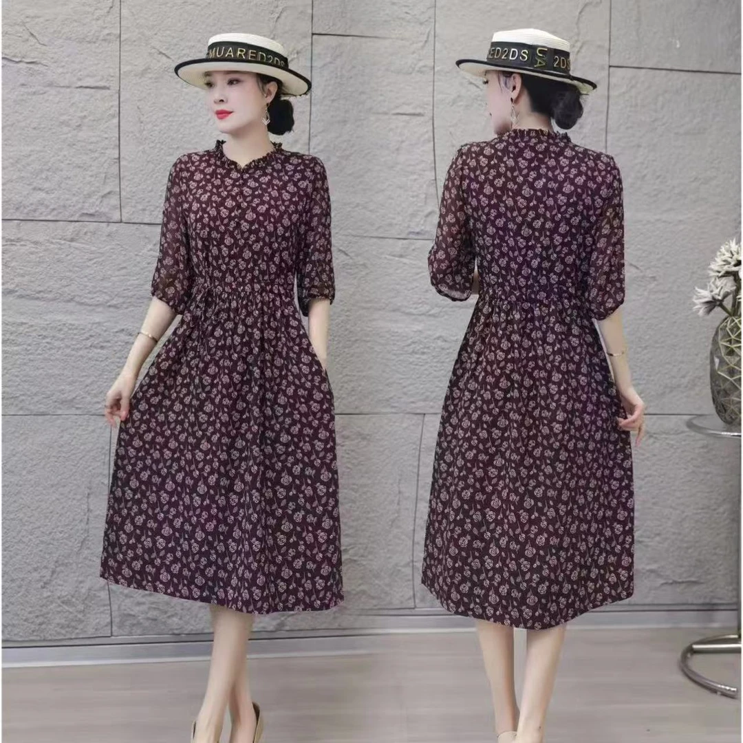 01（收腰粉玫瑰）春夏时尚显瘦修身遮肉气质妈妈装腰带收腰连衣裙