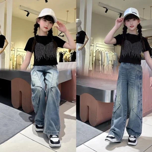 女童夏季套装短袖T恤网红夏装2025新款洋气儿季牛仔大童潮t恤套装