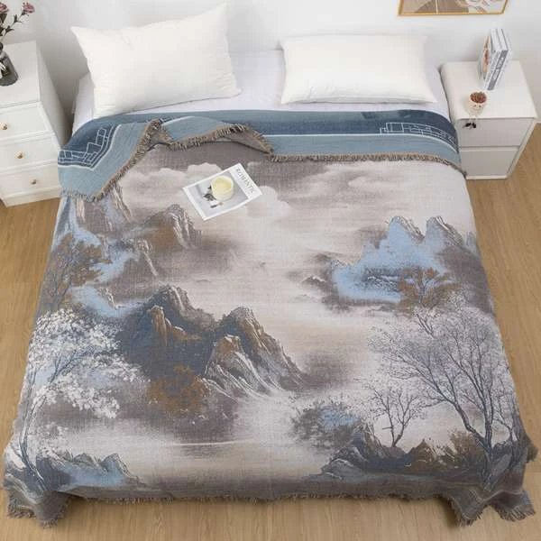 （山水如画）主播力荐！罗布麻高定版230*250流苏多功能休闲床盖毯