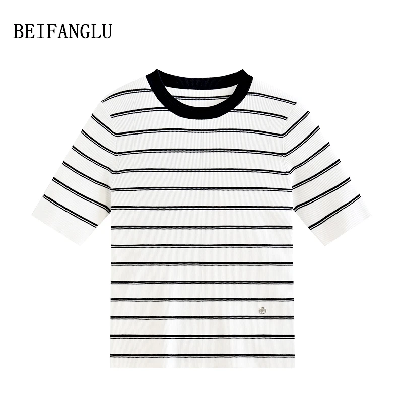 北方鹿 法式复古撞色条纹天丝三醋酯2025春夏显瘦针织短袖女2965