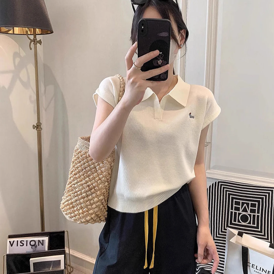 小狗刺绣POLO领短袖针织衫女夏季新款小飞袖减龄宽松红色正肩上衣
