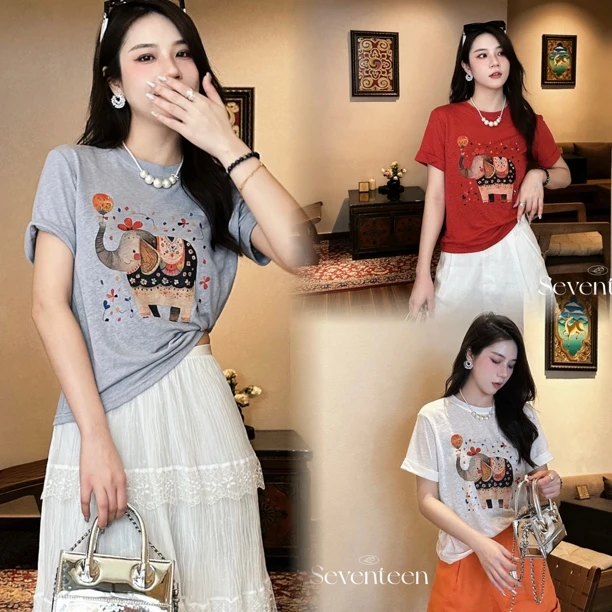 【BAI】夏季新款气质印花图案短袖T恤女92701