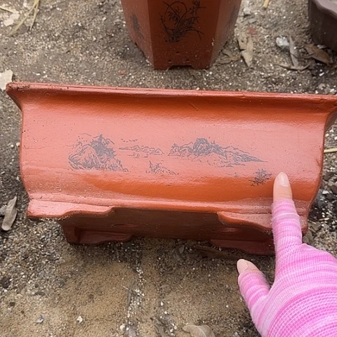 紫砂32红色马槽花盆花盆