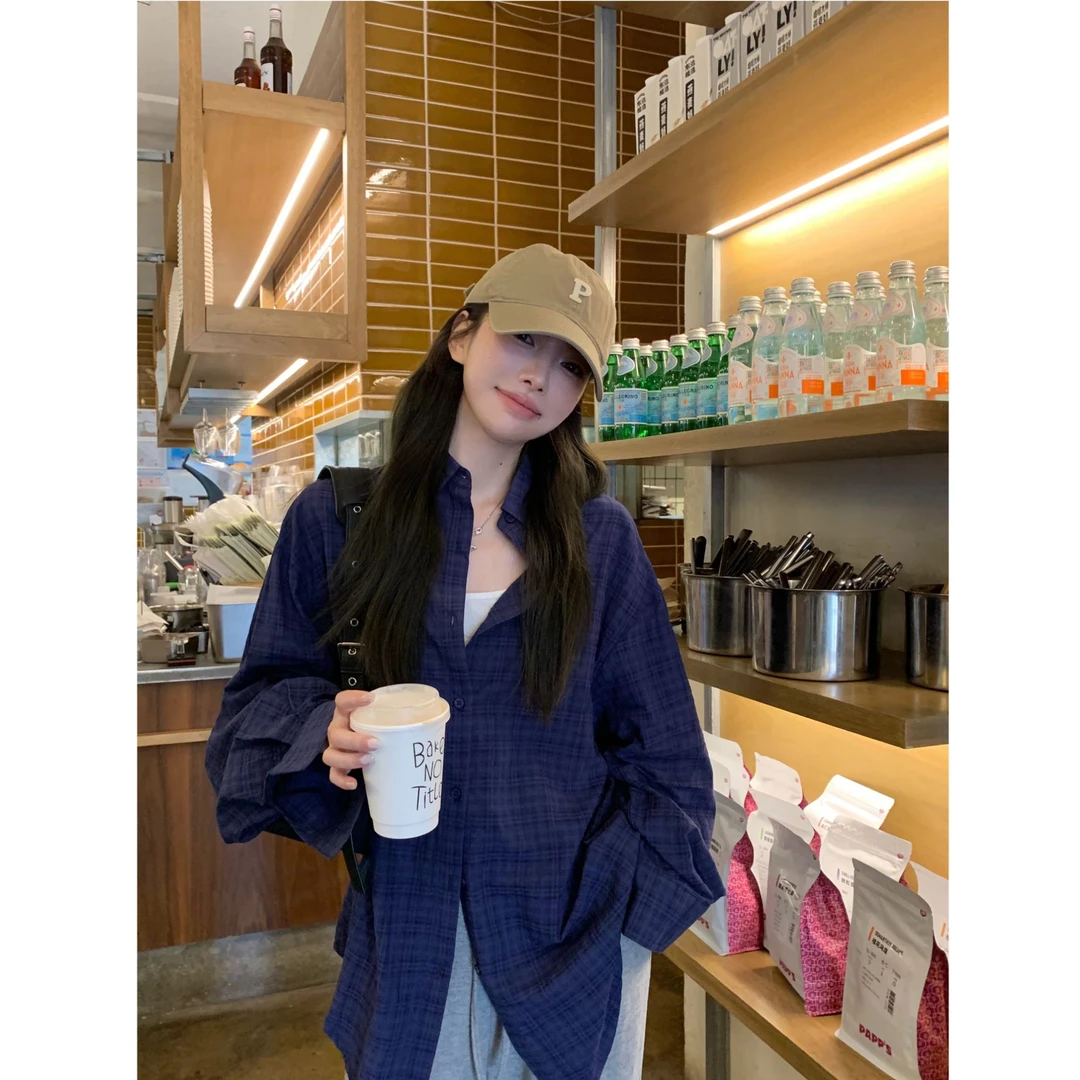 日系复古藏青格子衬衫女宽松休闲冷淡系高级感上衣开衫外套时尚