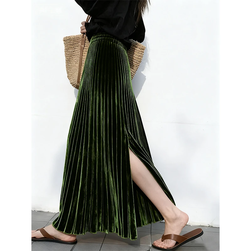 冬天配大衣的裙子重要场合漂亮复古高腰绿色a字百褶丝绒半身裙女