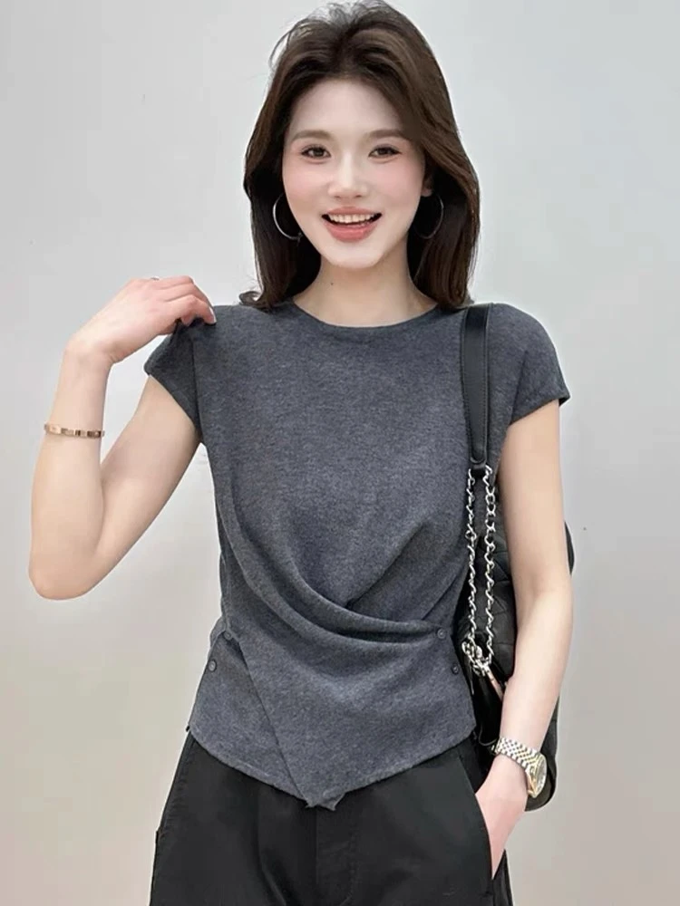 2025夏季设计感冰丝遮肉显瘦百搭气质休闲洋气时尚不规则短袖T恤