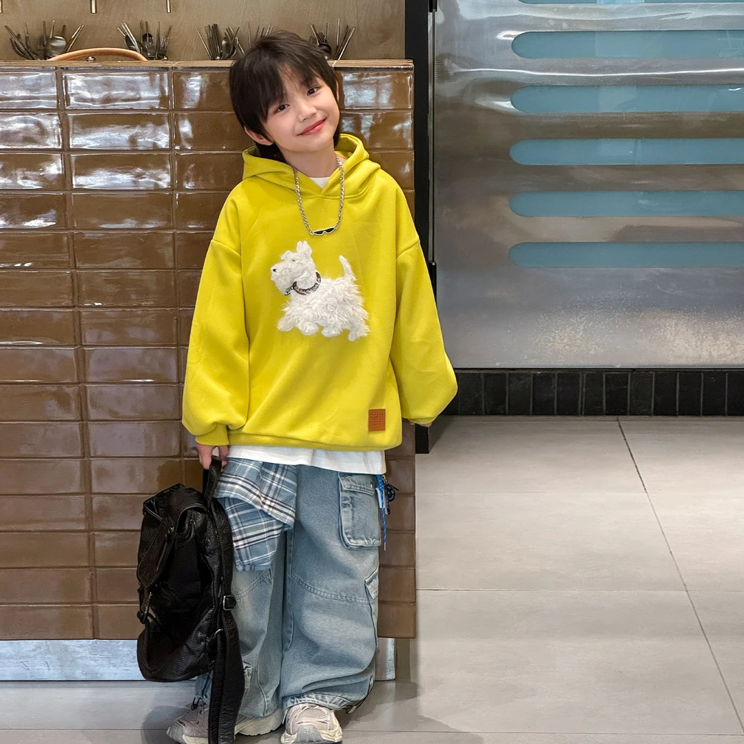 棉小班童装秋季韩版立体毛绒小狗上衣时尚贴标连帽儿童卫衣FQ5038