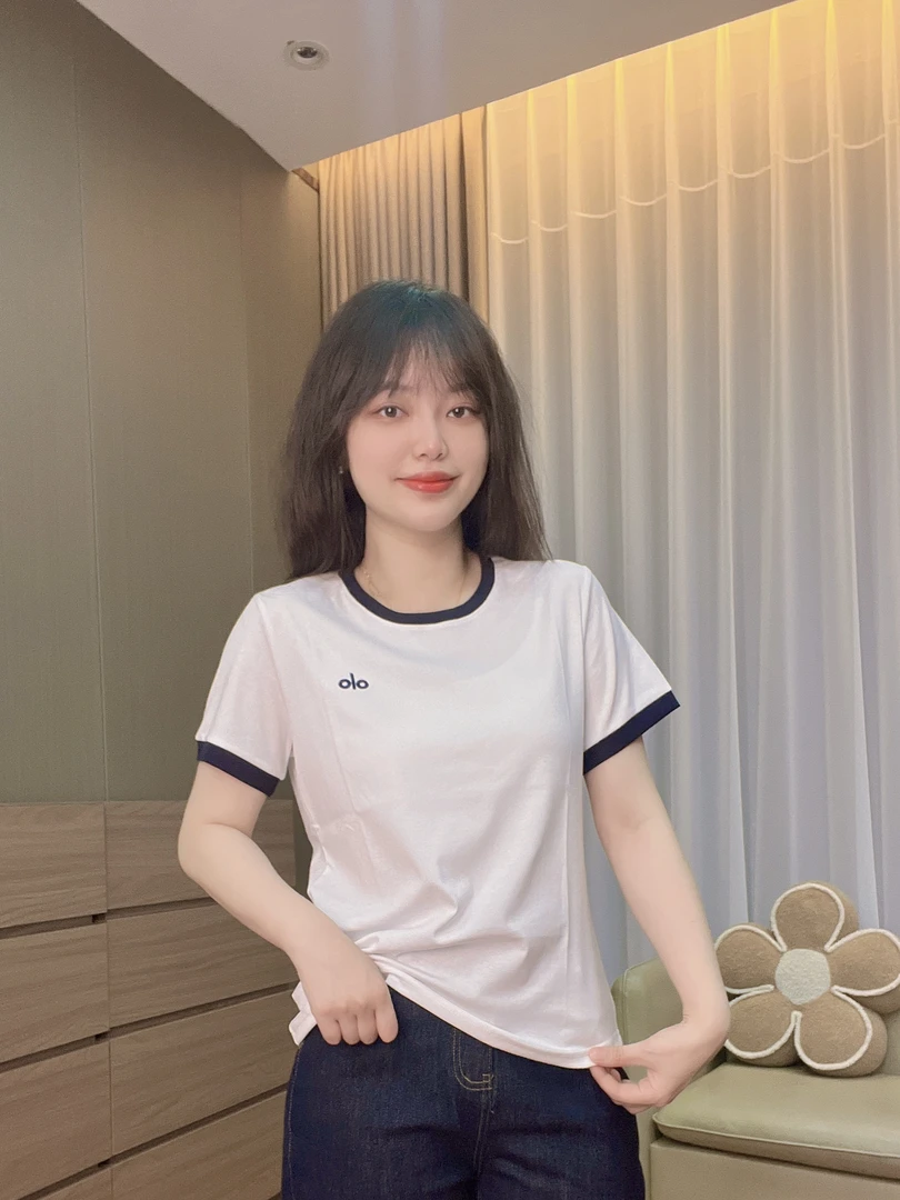 御妍婷刺绣英文短袖显瘦正肩圆领拼色t恤女百搭弹力新款上衣889