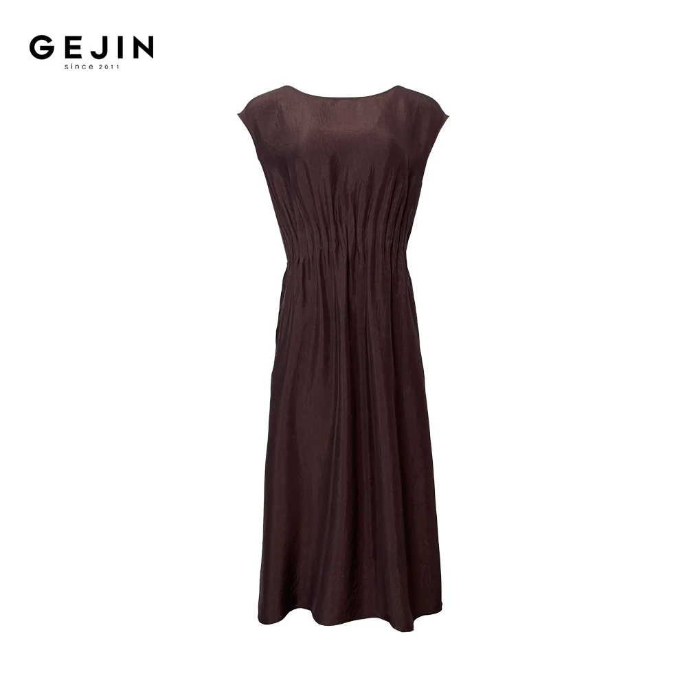 GEJIN/歌锦老钱风简约时尚橄榄领高定醋酸显瘦连衣裙GJ22552534