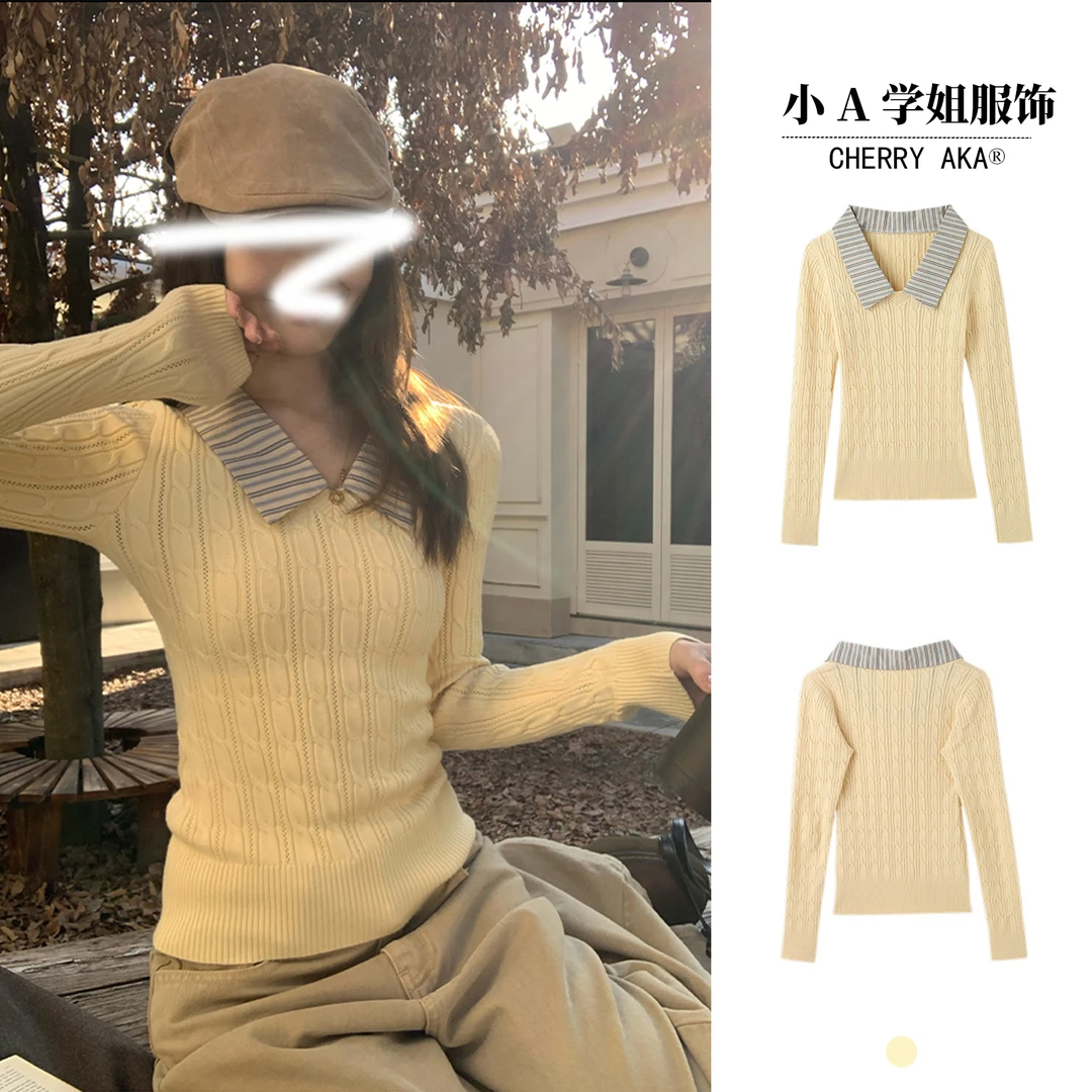 条纹拼接假两件复古绞花黄色针织毛衣韩版温柔气质设计感秋季