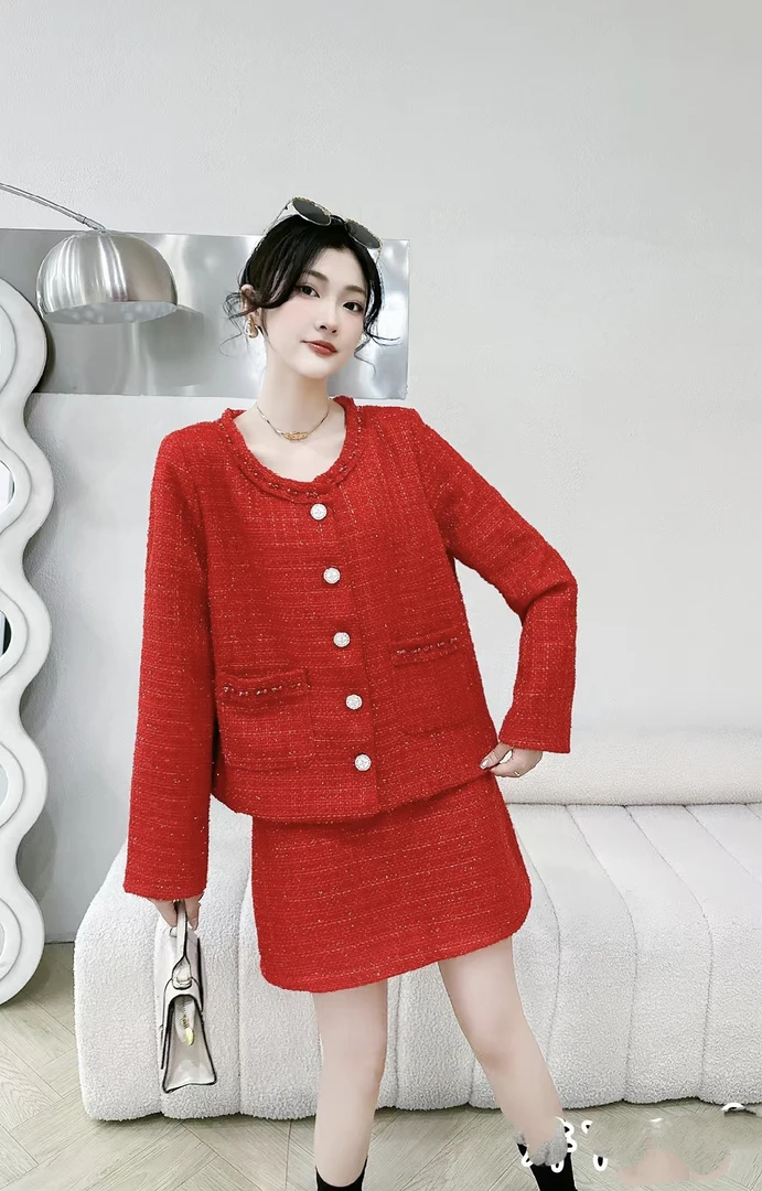 早秋穿搭新款大码6851温柔高级设计感显瘦小香风套装两件套
