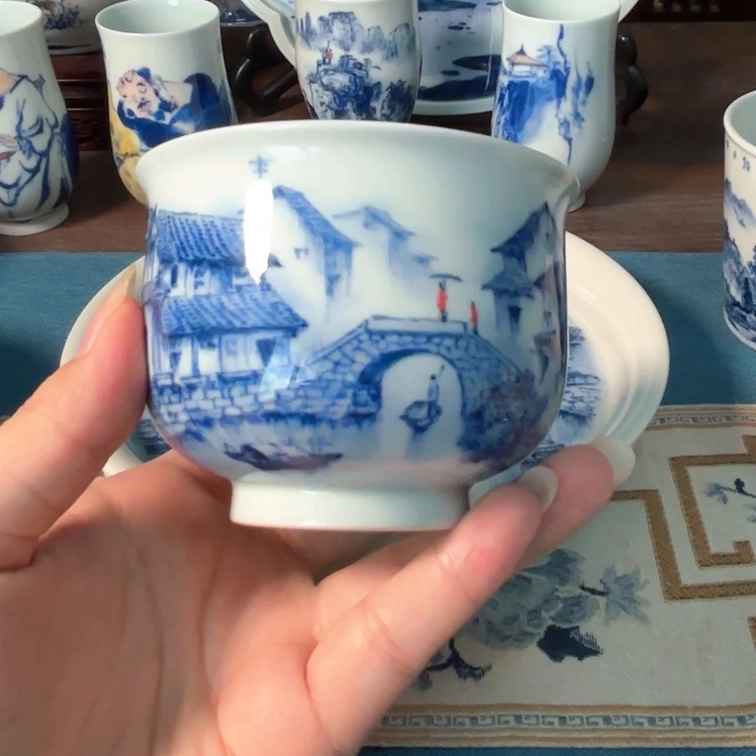 ～***～柴窑青花瓷水乡杯