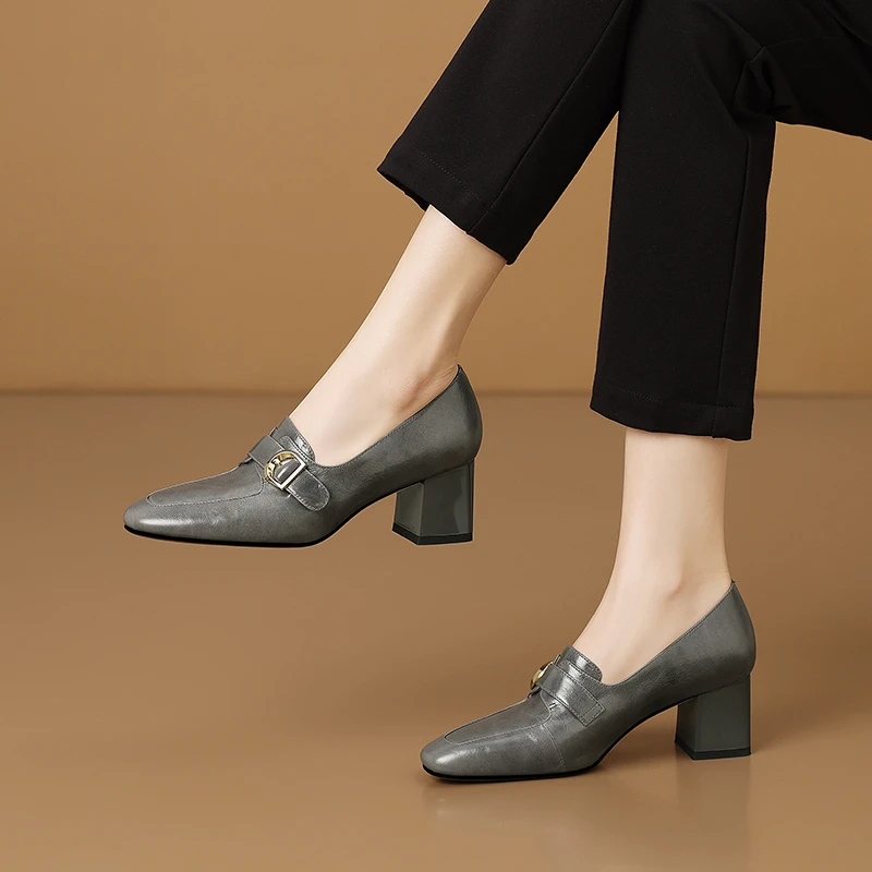 5.5cm方头女士真皮单鞋2025新款皮鞋舒适一脚蹬粗跟女鞋工作鞋