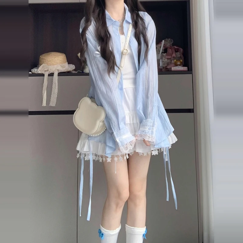 蓝色长袖衬衫外套女薄款2025夏季新款设计感小众衬衣蕾丝防晒上衣