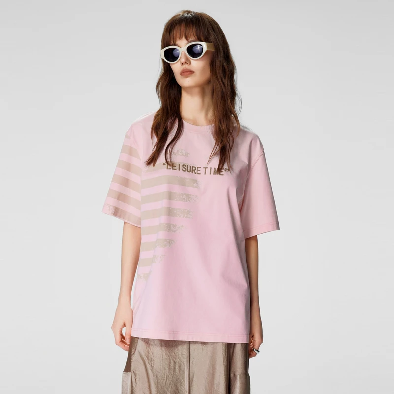 U/TI浅粉色创意条纹T恤女装百搭设计感休闲短袖
