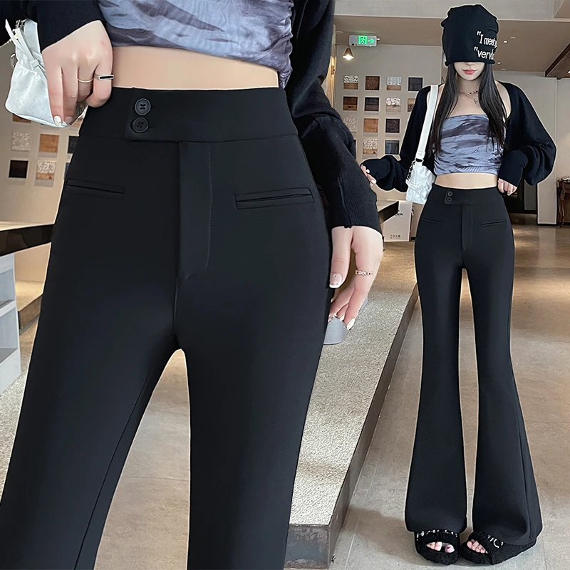 高腰纽扣西装微喇裤女2025春季新款垂感弹力显瘦休闲阔腿裤子