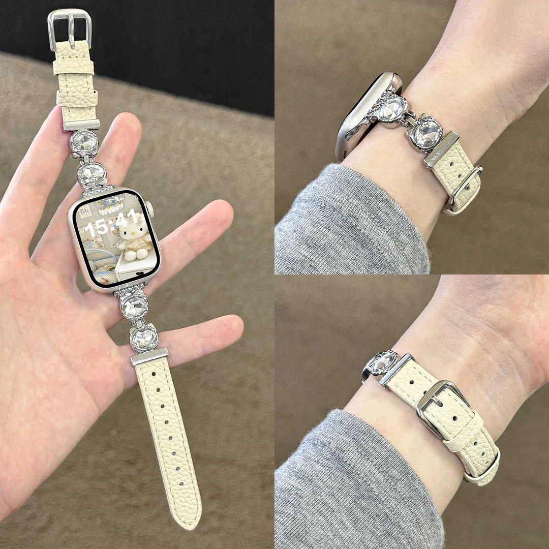 适用Appleiwatchs10表带气质感KTs9/8/7镶钻荔枝纹皮质苹果表带