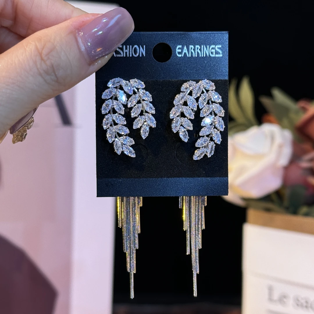 铜合金耳饰 麦甜】气质轻奢时尚麦穗长款流苏耳环超闪锆石两戴耳钉