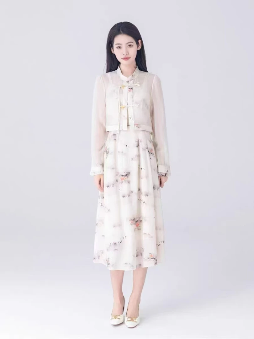 【F3320】新中式印花国风套装裙子2025夏气质吊带连衣裙两件套女