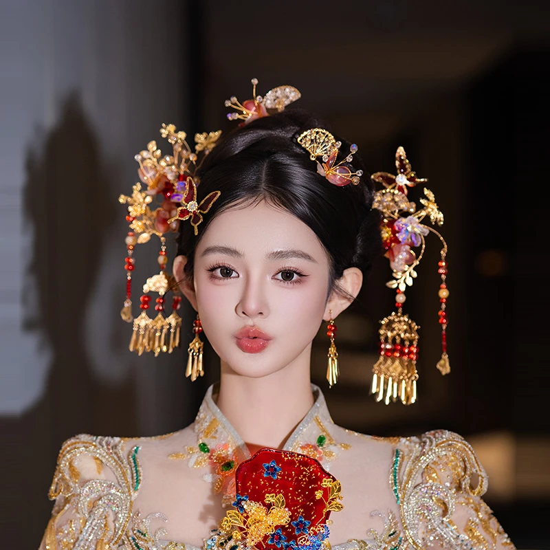 合金树脂婚庆饰品 新娘发饰红金色流苏秀禾花朵龙凤褂头饰品G0283