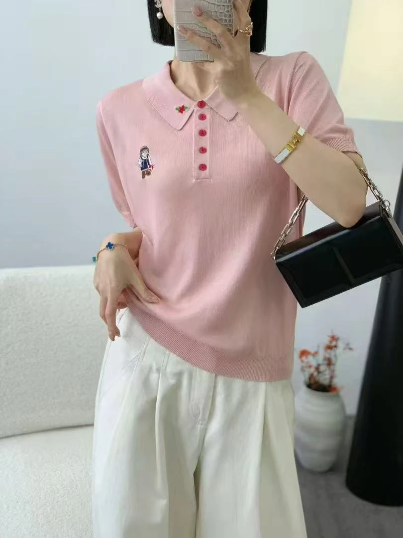 2025年新款卡通刺绣小熊翻领短袖宽松显瘦上衣902