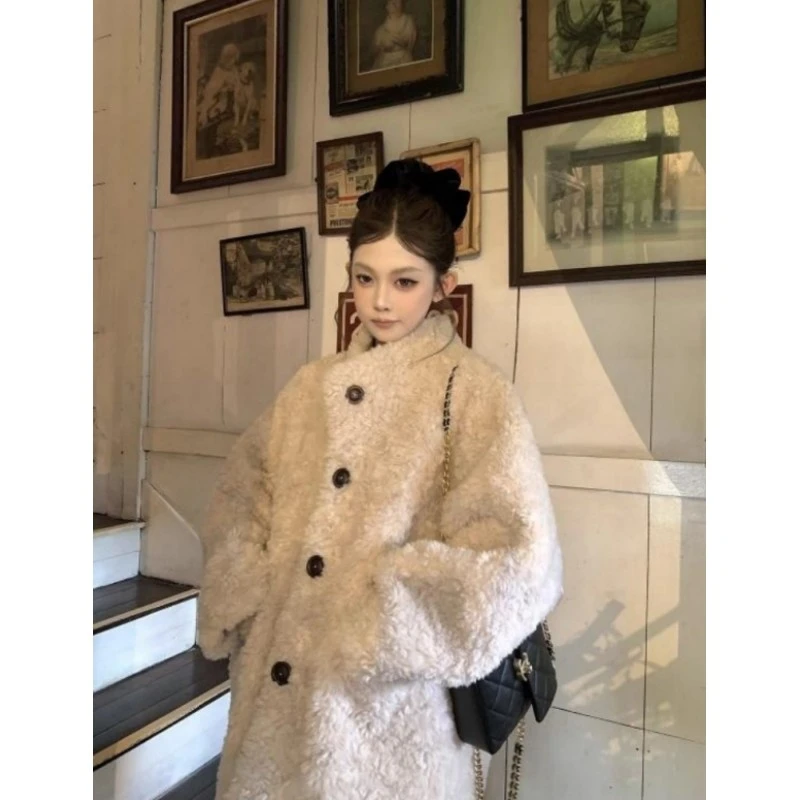 慵懒雪松 廓形环保仿羊羔毛皮毛一体女秋冬加厚中长款毛毛外套