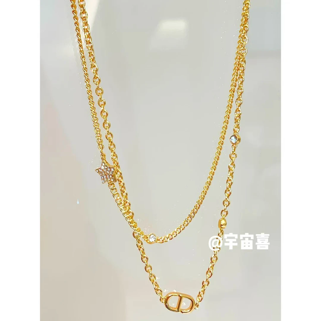 铜合金锆石项链 H3-084【双层五角星白锆猪鼻子金色链条项链】