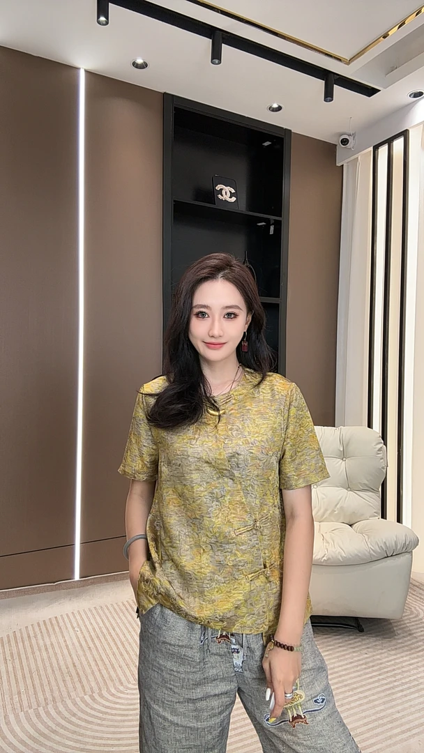 【米乐家】“琉璃”夏季新款新中式国风斜襟女士短袖上衣16923-13