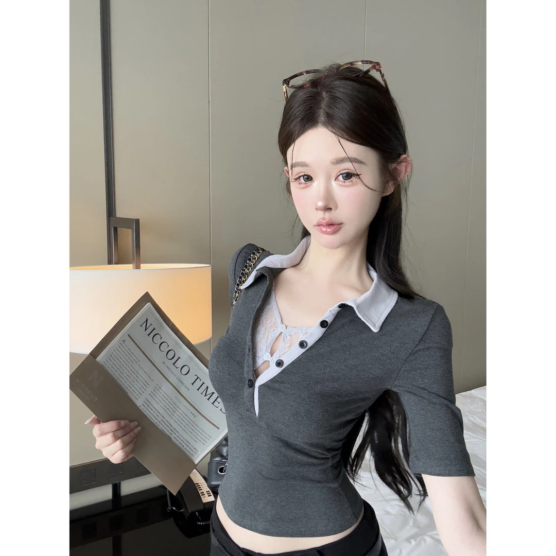 美式假两件蕾丝polo领短袖T恤女夏季设计感小众修身短款辣妹上衣
