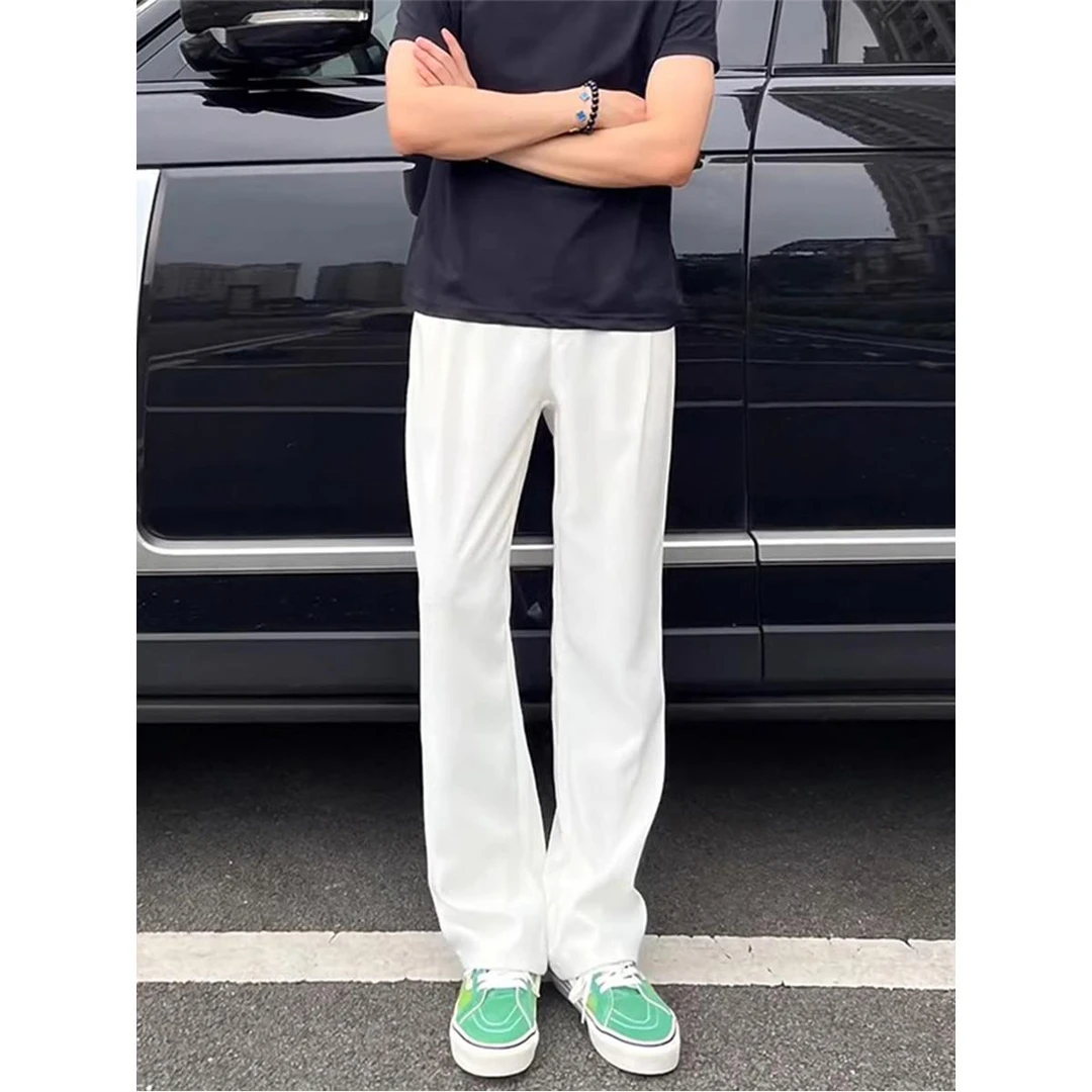 韩版宽松垂感弯刀西装裤垂坠感冰丝白色男秋季薄款弹力微喇直筒裤
