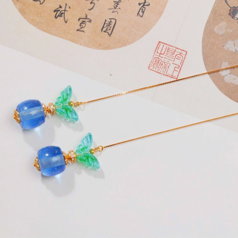 衣锦媚行 925银耳饰 星蓝蝶语镀金琉璃蝴蝶耳饰 E570