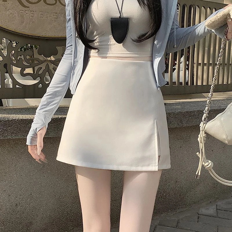 现货春灰色开叉半身裙女高腰包臀裙显瘦a字裙一步裙西装短裙白色