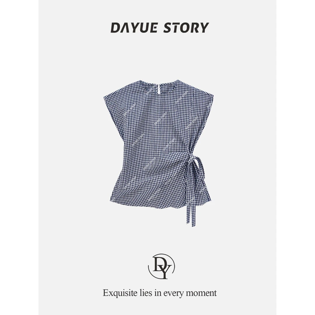 DAYUE【塞纳】小众设计~穿上气质拉满！夏时尚百搭褶皱系带格子衬衫