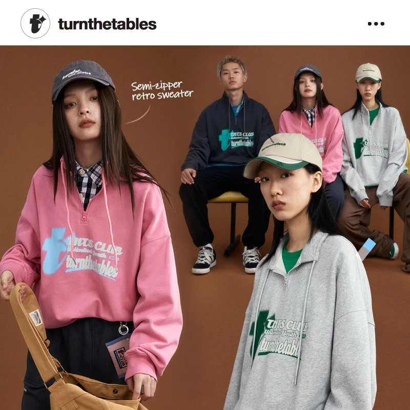 turnthetables半拉链复古立领抽绳卫衣男字母印花套