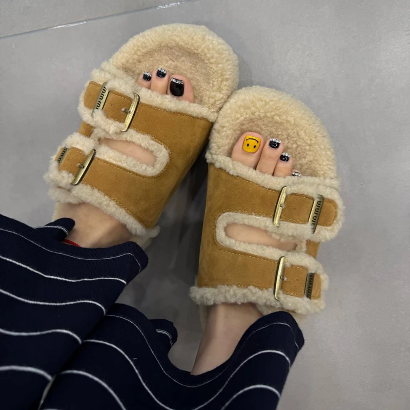 厚底勃肯鞋2025年秋冬季新款一字羔羔毛拖鞋女外穿软底加绒棉鞋子