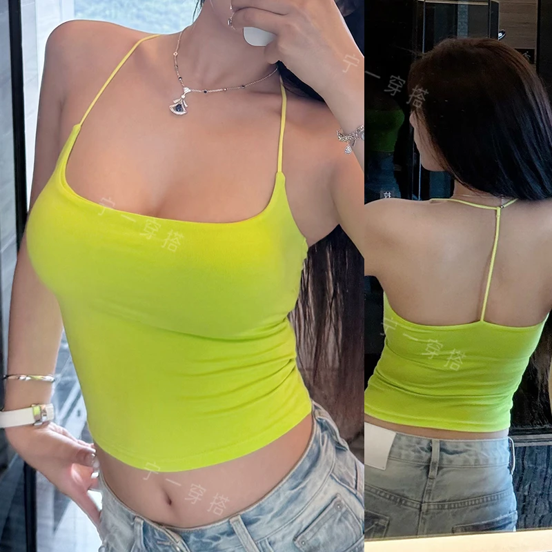 NY9995 短款辣妹露脐挂脖吊带背心女修身上衣宁一带胸垫运动美背