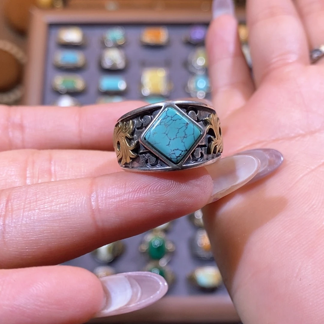 绿松石戒指银S925镶嵌芭**选戒指