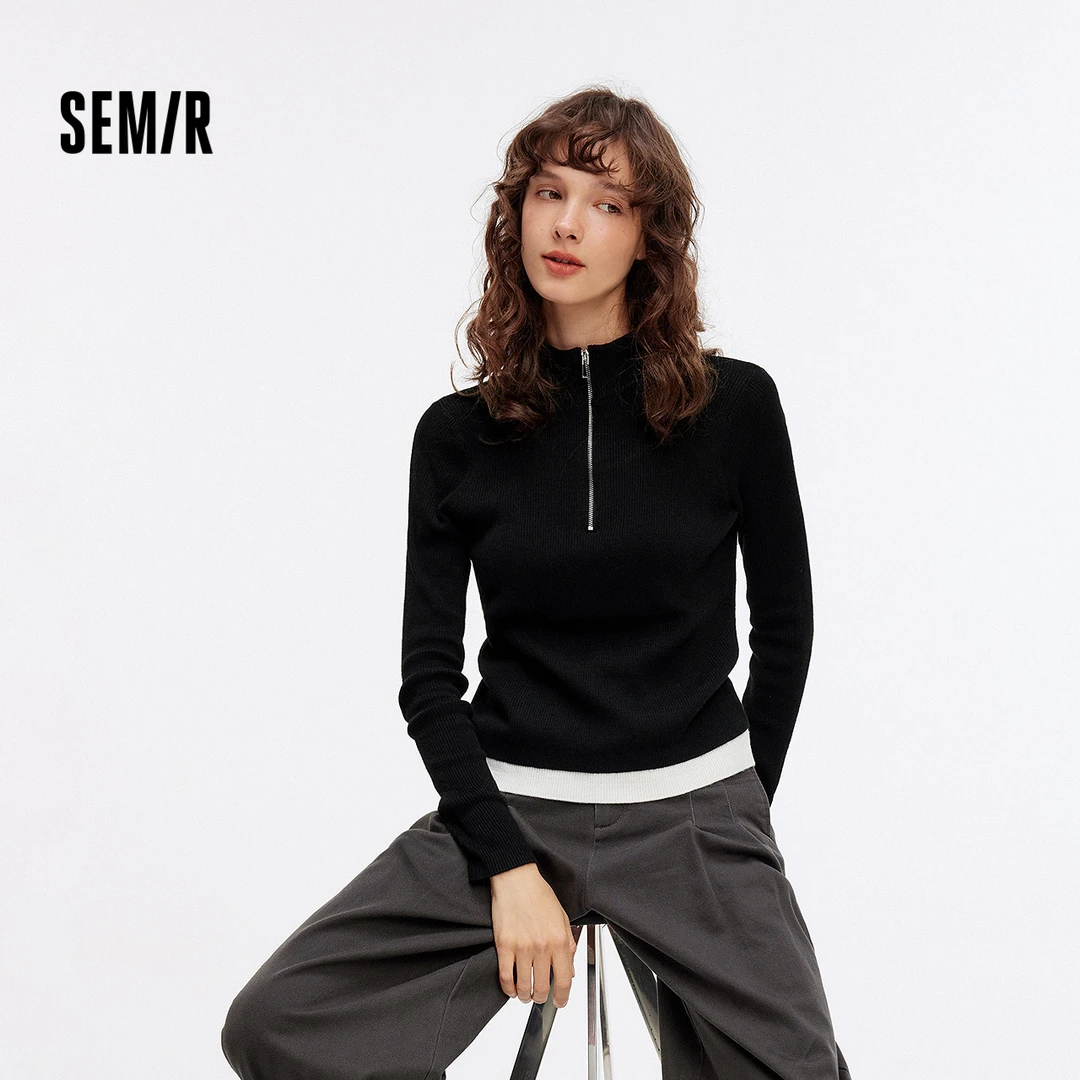 森马毛衣女短款撞色假两件百搭女士内搭秋季半开襟修身毛衫简约风