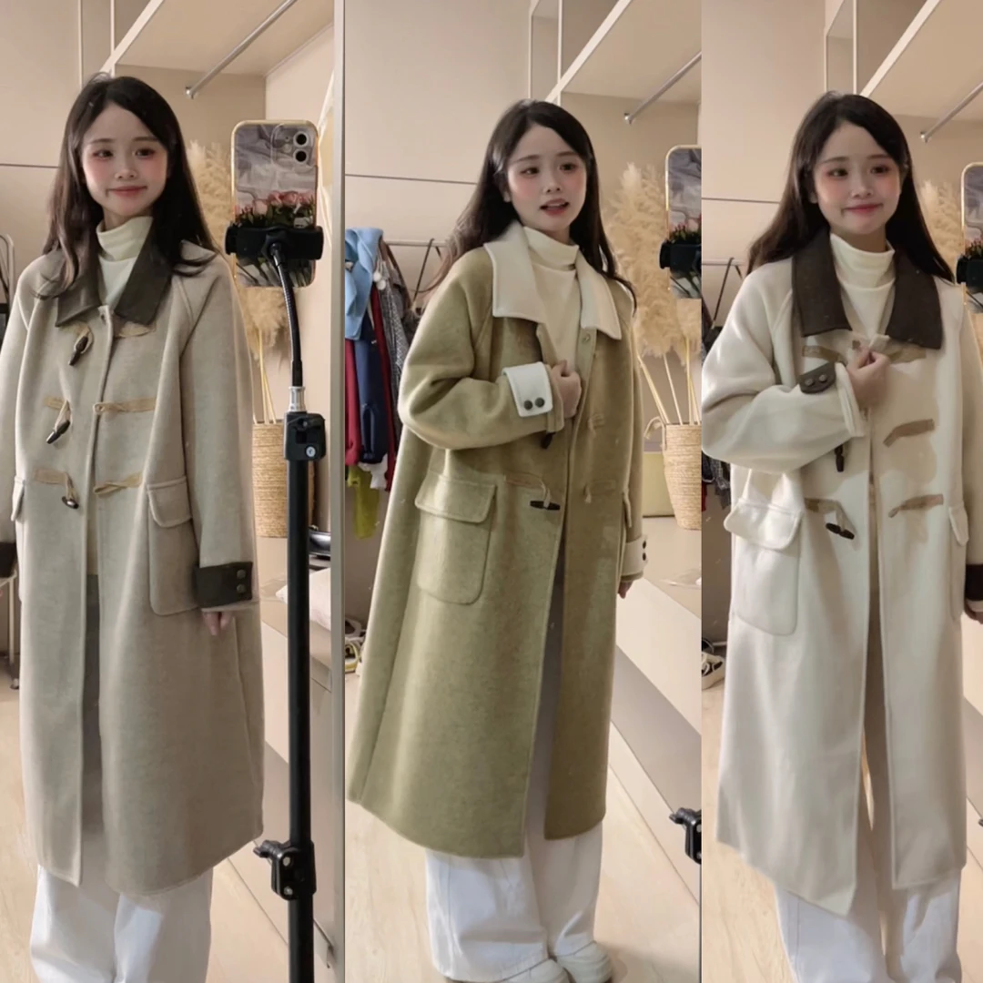 小个子韩系双面呢拼色牛角扣大衣1331