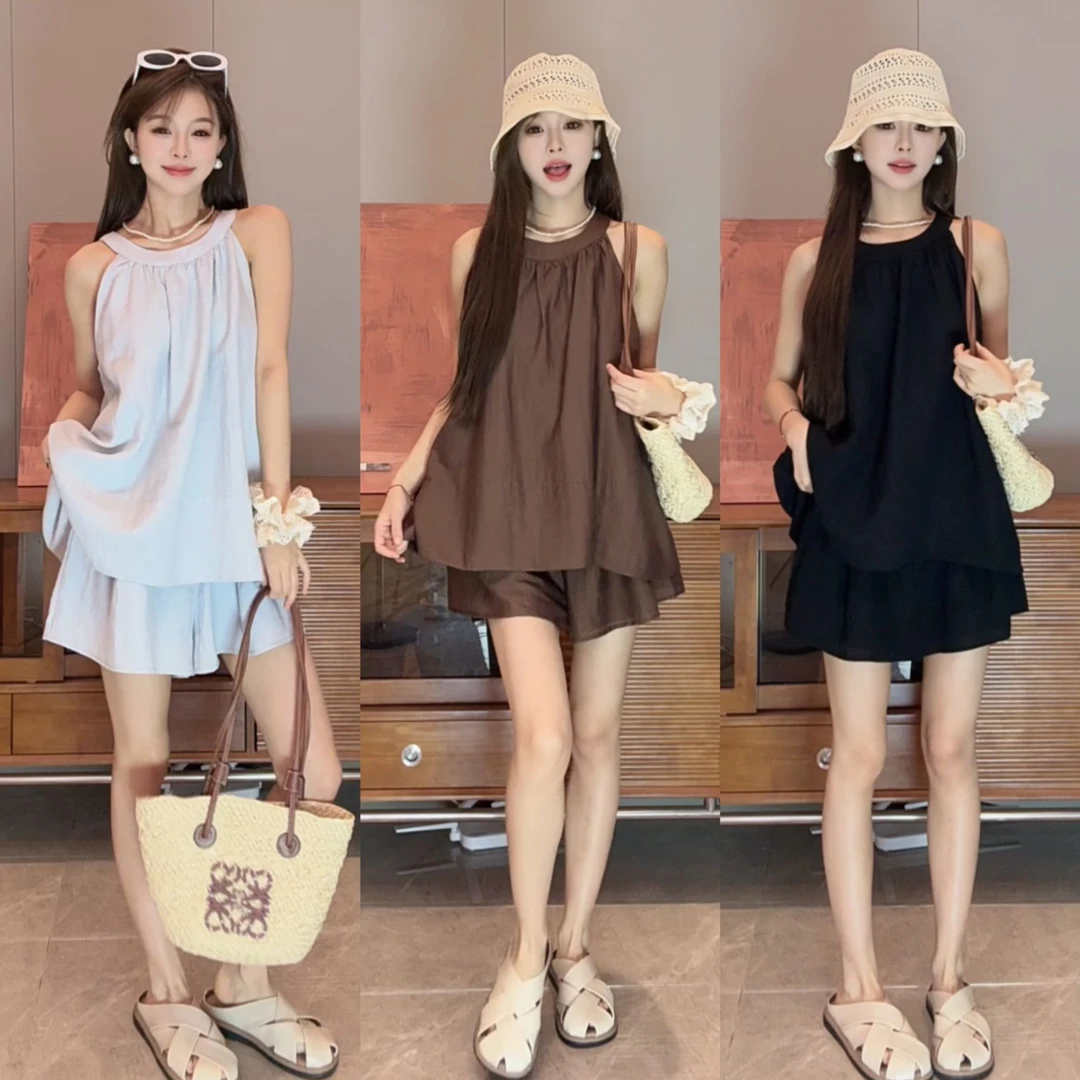 【运费补贴5-8】休闲老钱风套装女夏季挂脖背心上衣搭配短裤两件套