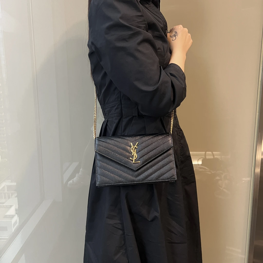 99新 YSL/圣罗兰 黑金信封链条包/8418